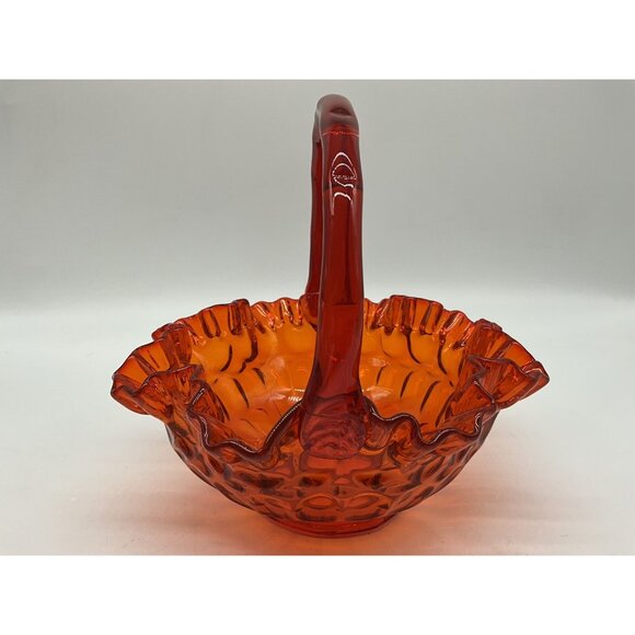 Fenton VTG Red Orange Amberina Thumbprint Glass Basket Ruffled Edge Grandmacore - Picture 12 of 16